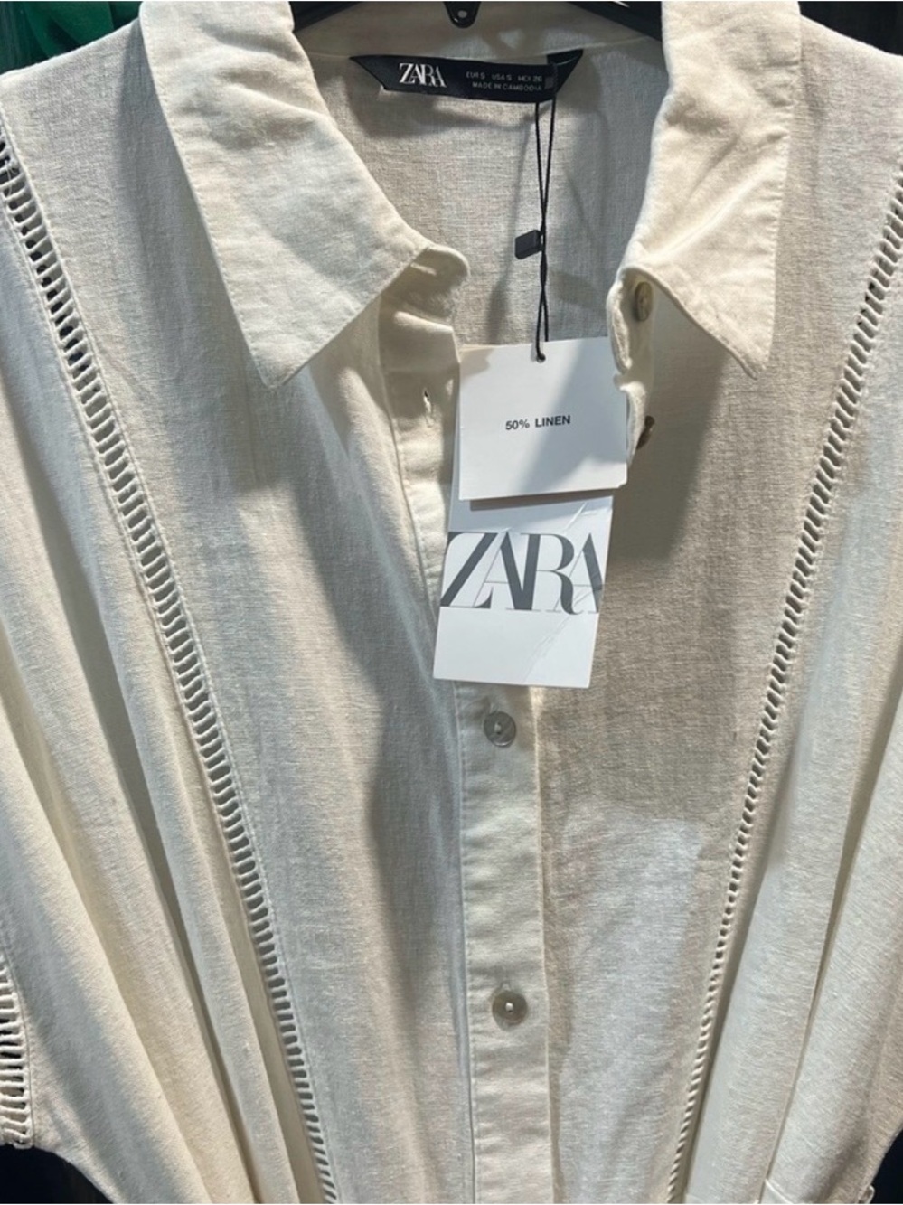 ZARA Linen Blend Lace Insert Belted Button Down Cream Midi Dress Size S - Picture 7 of 10